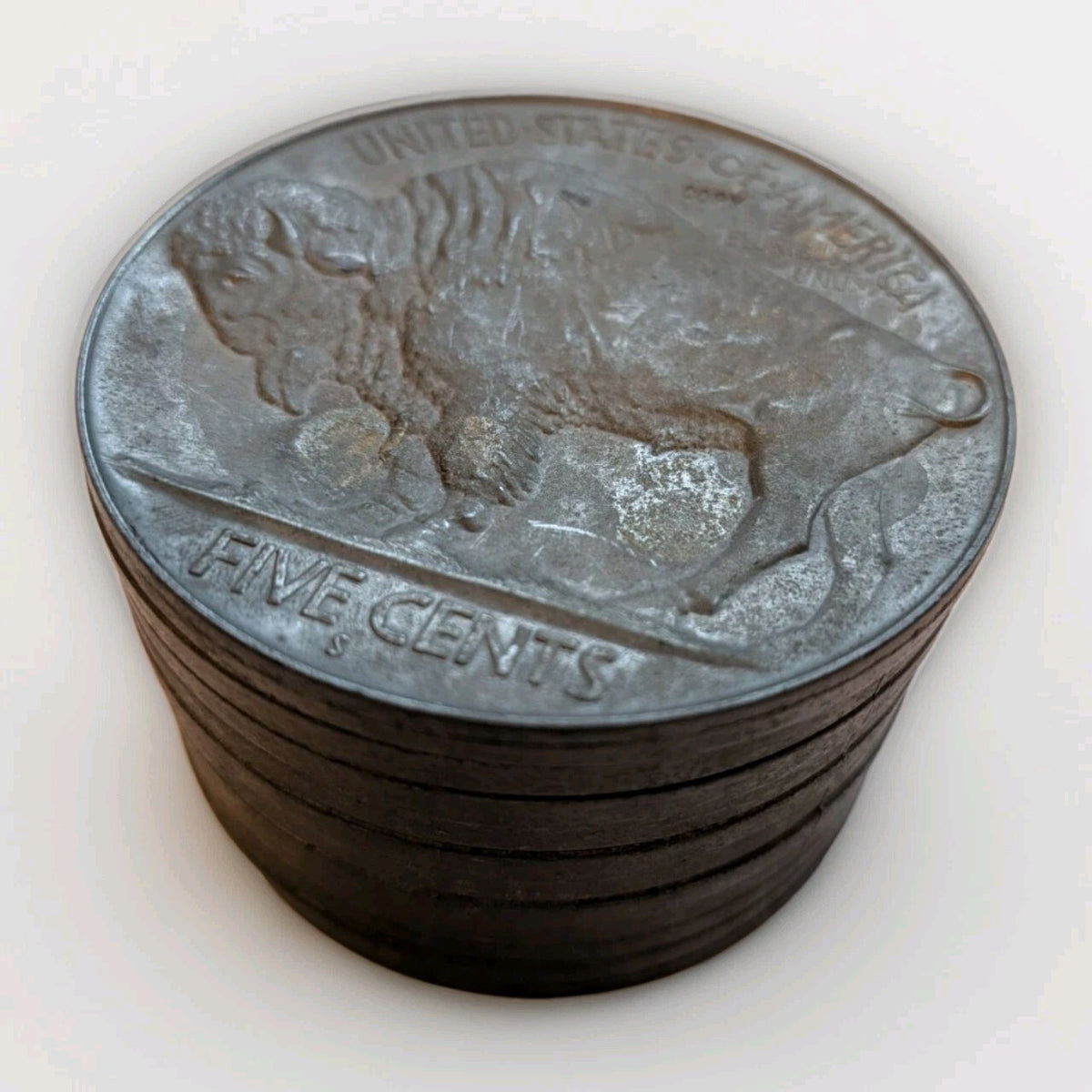 Vintage 1975 CCC Buffalo Nickel Coin Bank Stack Indian Head Bison Metal COPY