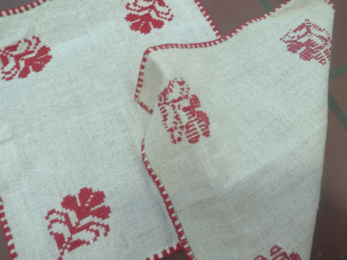 Vintage Folk Art Embroidered Linen Textile Lot Redwork Table Linens Pillow