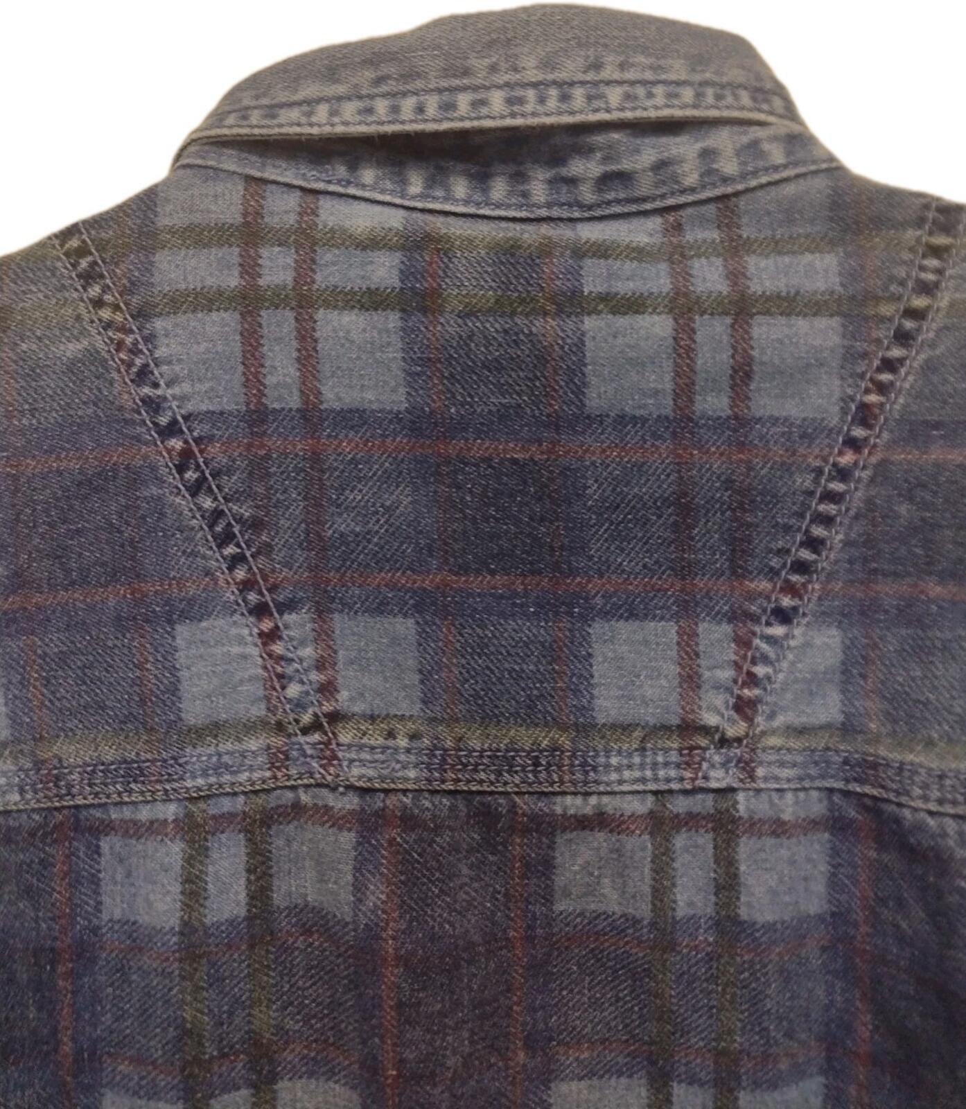 Vintage 90s Printed Plaid Denim Shirt Men’s L Grunge Double Denim Y2K Workwear