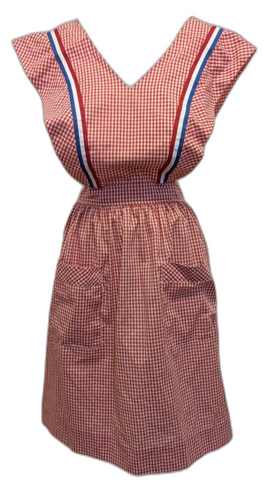 Vintage 70s Handmade Red Gingham Pinafore Apron Dress RWB Ribbon Bicentennial
