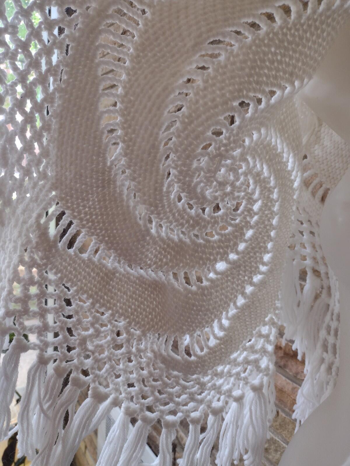 Vintage 70s Crochet Swirl Fringe Shawl Boho Festival Openwork Wrap White Acrylic