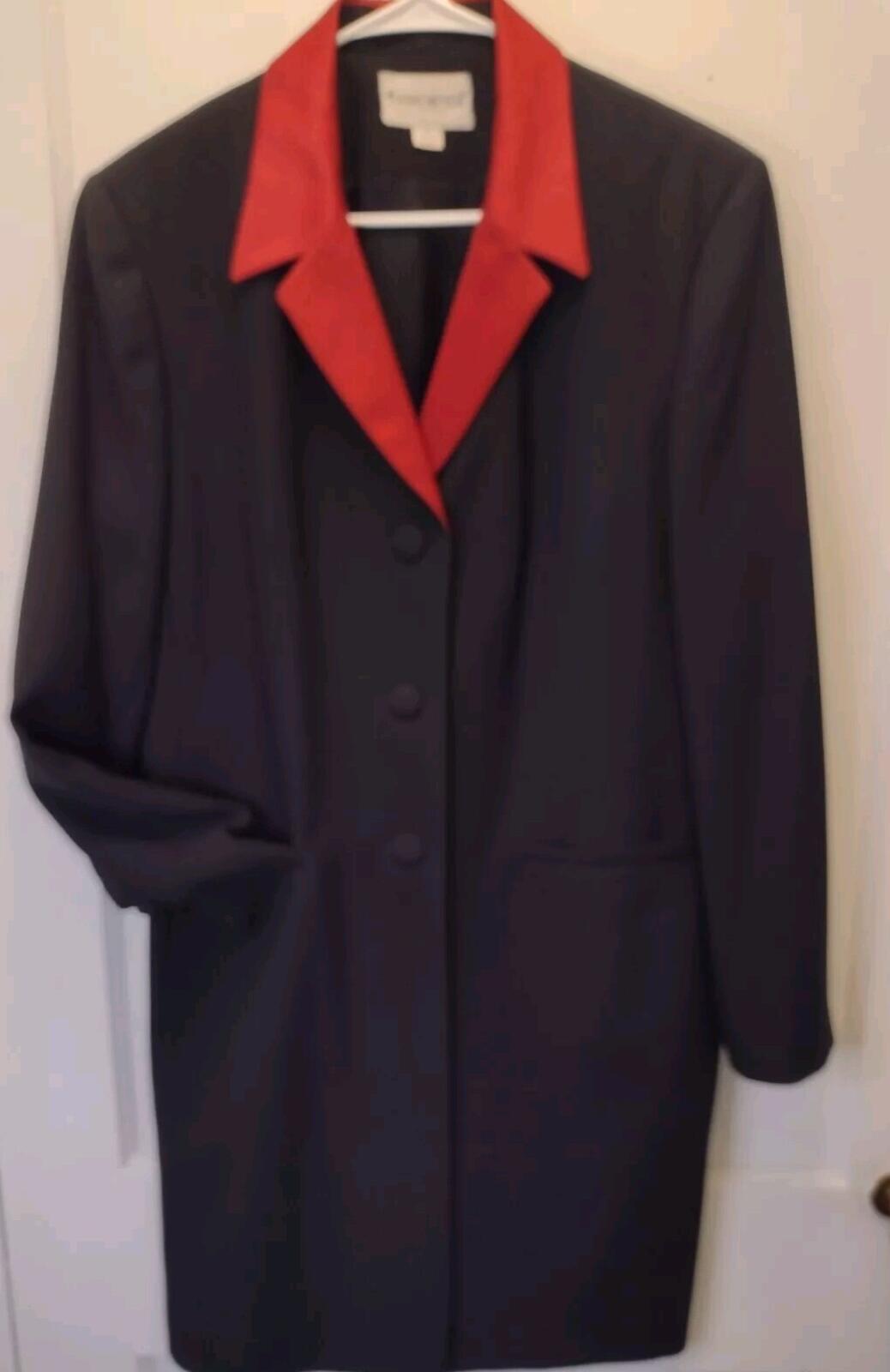 Vintage John Meyer Black Blazer Long With Red Collar Jacket Size 16W