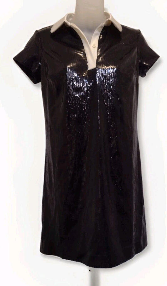 Black Sequin Satin Collar Mini Dress 0P Modern Glam Mod Prep Girlhood Inspired