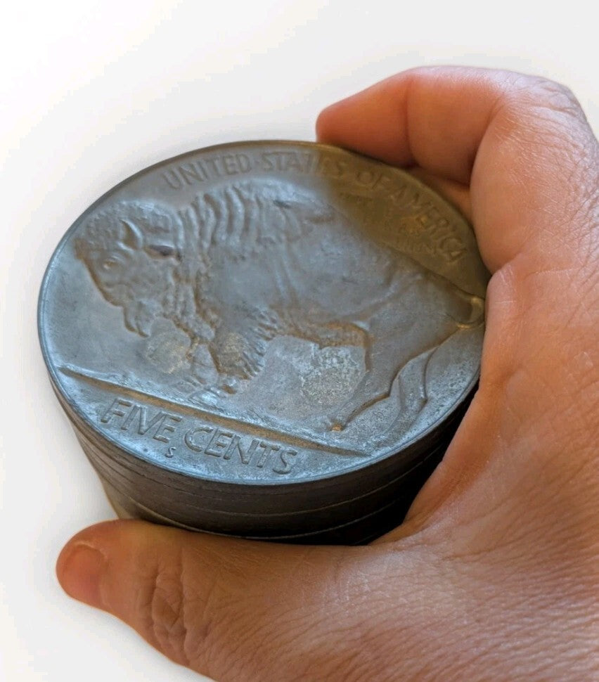 Vintage 1975 CCC Buffalo Nickel Coin Bank Stack Indian Head Bison Metal COPY