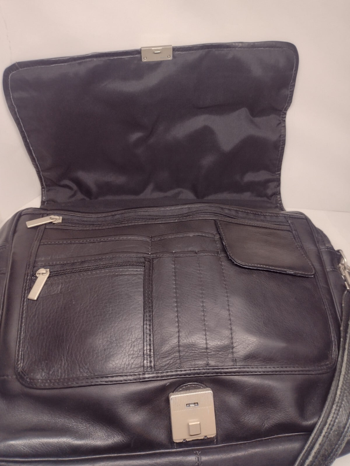 90s Black Genuine Leather Expandable Briefcase Amiet Swiss Lock Executive Bag
