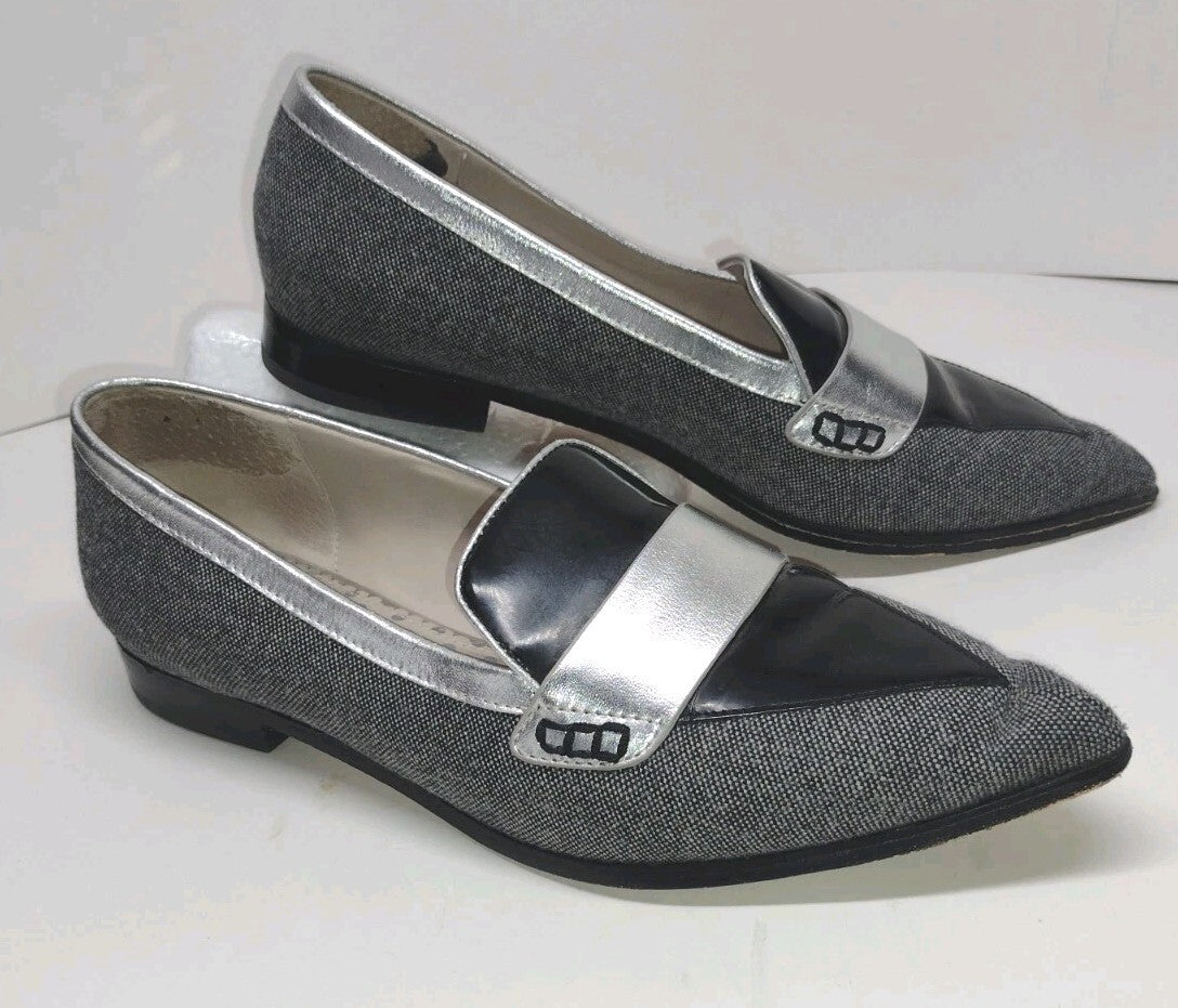 Boden Octavia Pointed Toe Loafers 39 Tweed Patent Leather Metallic SilverBoden