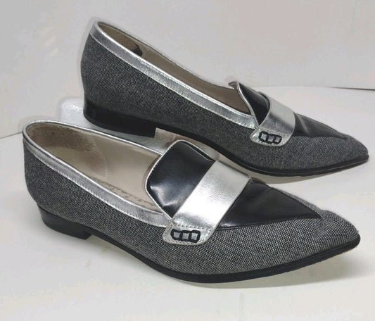 Boden Octavia Pointed Toe Loafers 39 Tweed Patent Leather Metallic SilverBoden