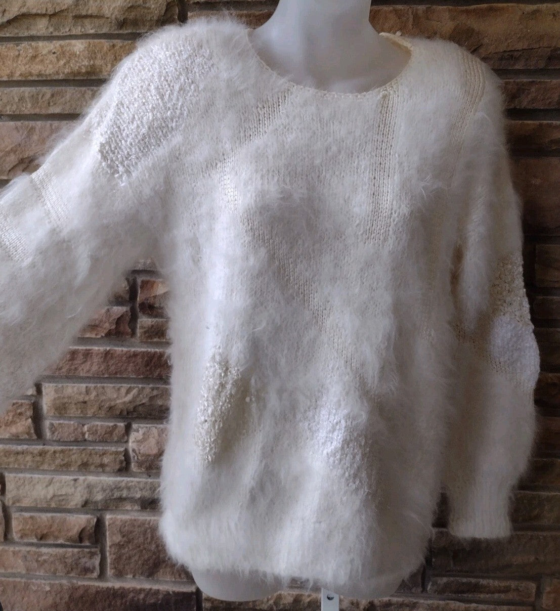 Vintage 80s Fuzzy Angora Sweater Cream Textured Knit Balloon Sleeve Shoulder Pad