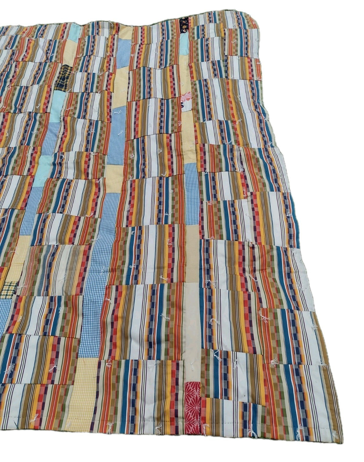 Vintage 1970s Handmade Patchwork Quilt 68x86 Tied Scrap Coverlet Retro Folk Art