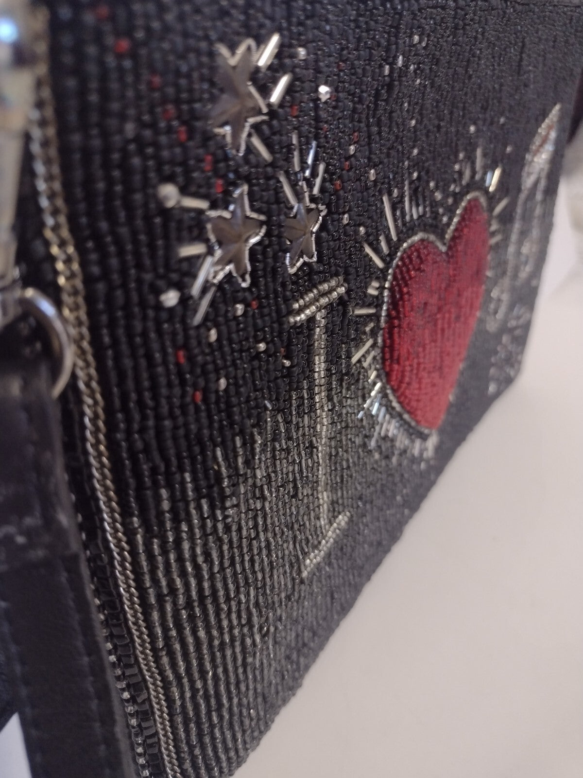 Mary Frances Womens Hand Beaded Crossbody Clutch Music Heart Black Red Bag