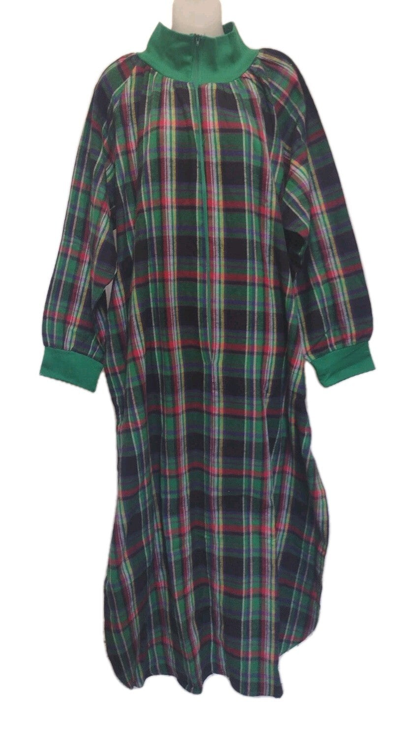 Vintage Anthony Richards 1X Plaid Flannel Nightgown 100% Cotton Maxi Half Zip