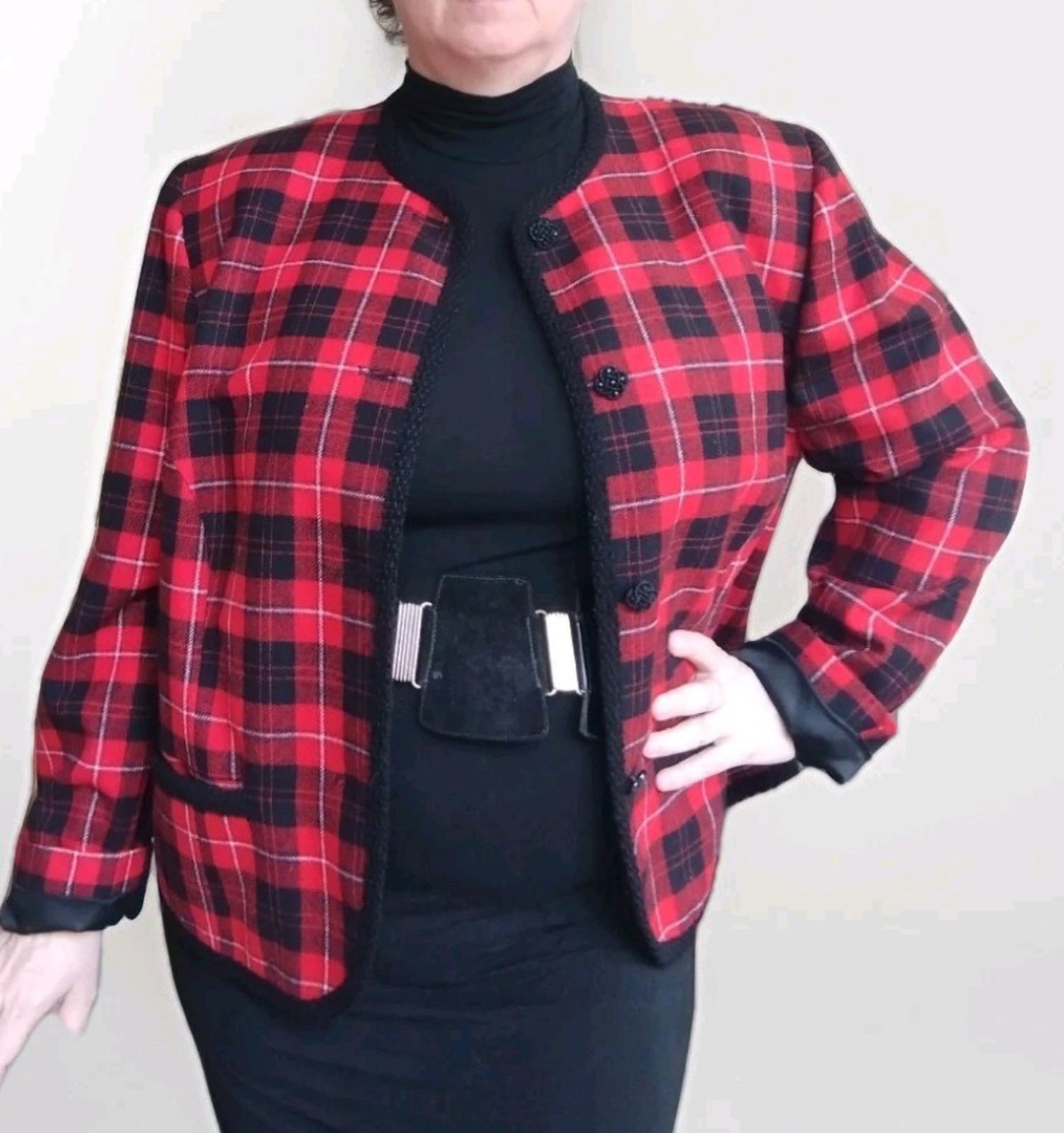 Vintage 60s Rare Pendleton Wool Jacket 18W Red Plaid Braided Trim Satin Lining