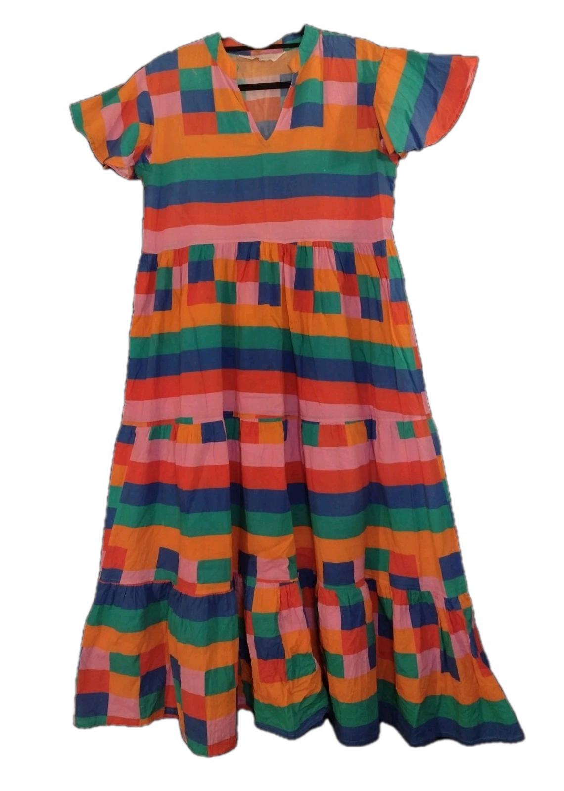 Briton Court Maxi Dress L Geometric Patchwork Boho Tiered Butterfly Sleeve