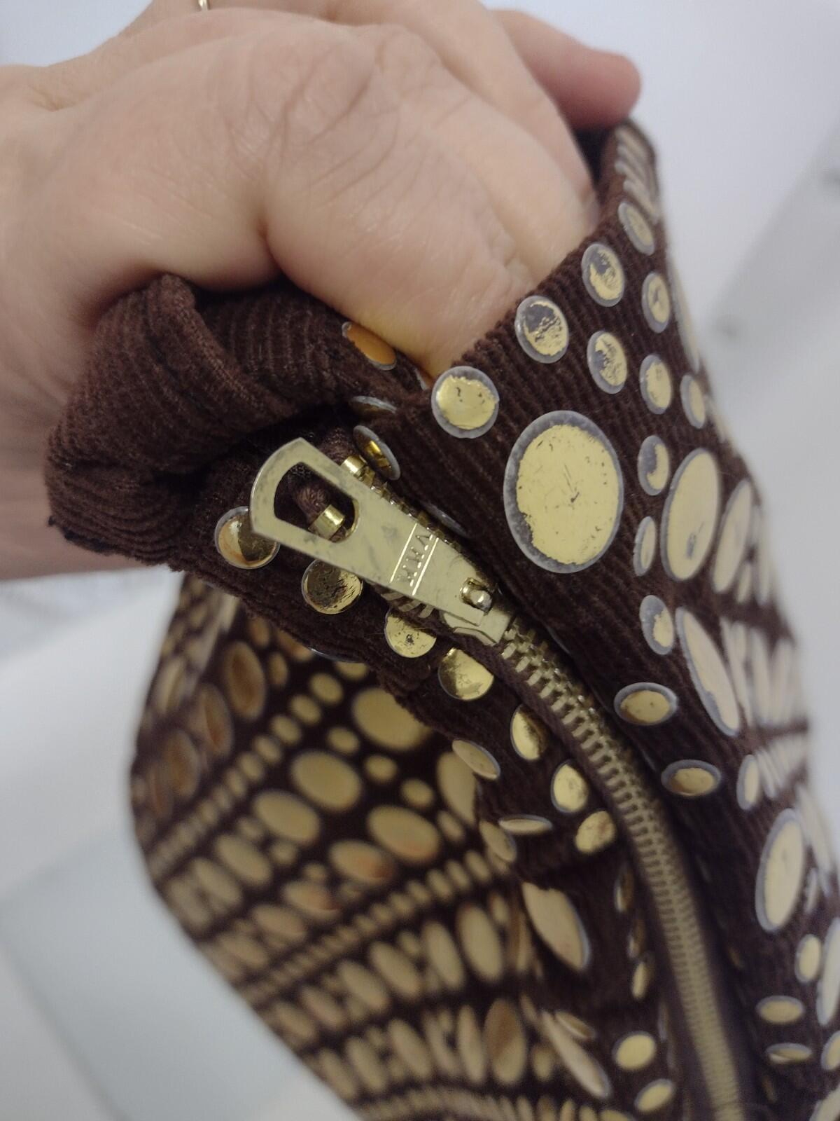 VTG 70s Boho Glam Corduroy Gold Medallion Shoulder Bag Hong Kong Purse Studio 54