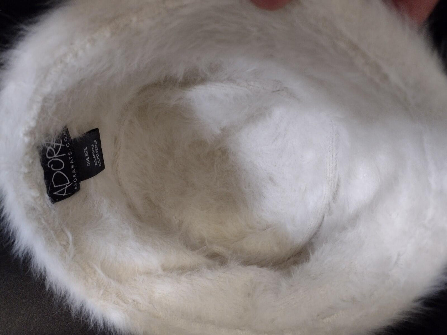 Adora Angora Blend White Fuzzy Hat Wired Brim Flower Detail One Size Excellent