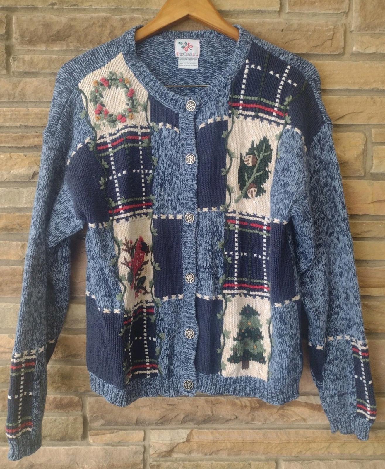Nutcracker Ramie Cotton Blue Patchwork Cardinal Holiday Sweater Medium