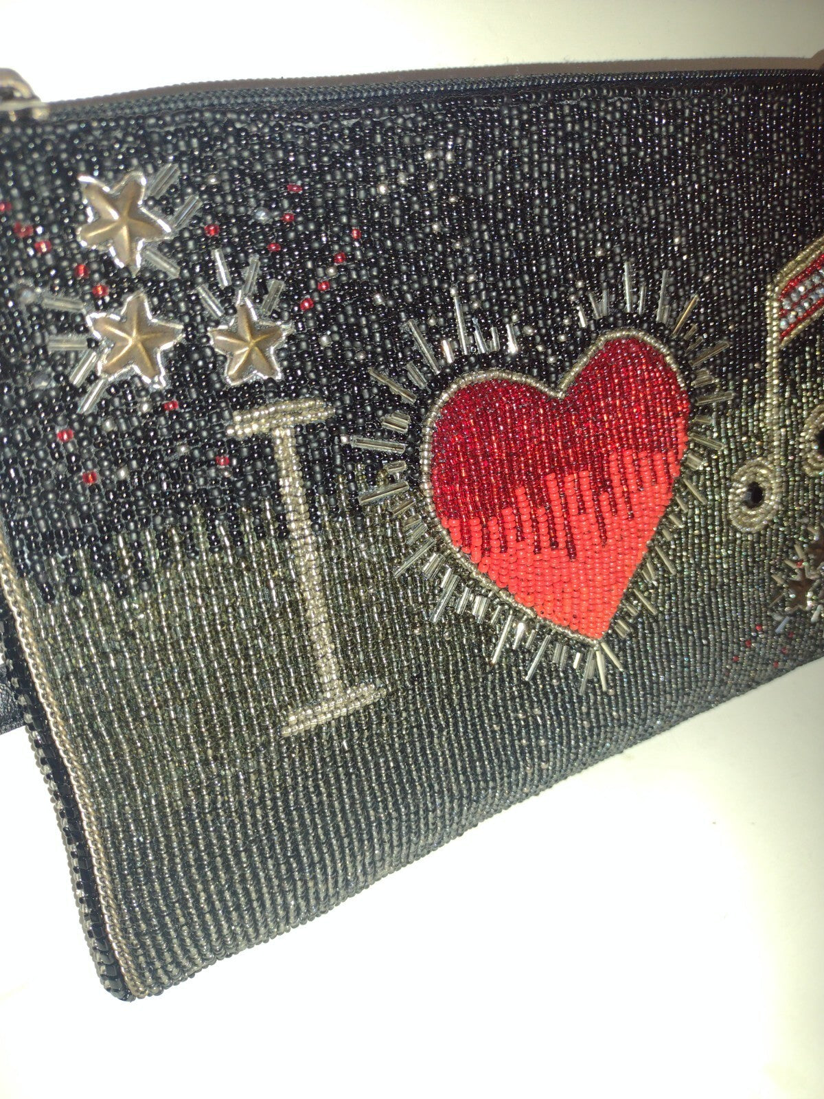 Mary Frances Womens Hand Beaded Crossbody Clutch Music Heart Black Red Bag
