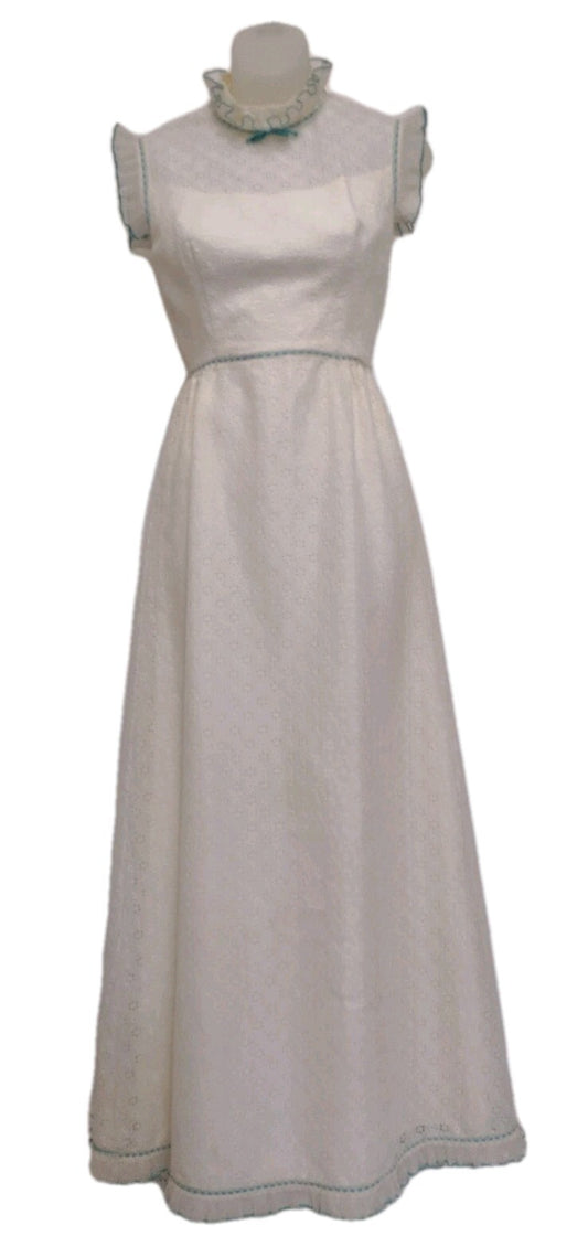 Vintage 70s Nadine Prairie Maxi Dress Ivory Lace Turquoise Victorian XS