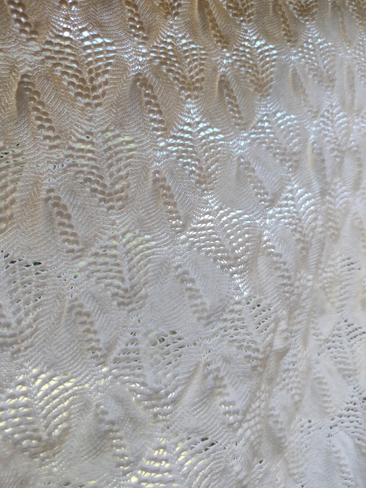 Knit Baby Blanket Cream Cotton Blend Crib Pram Vintage 80s Heirloom Lace