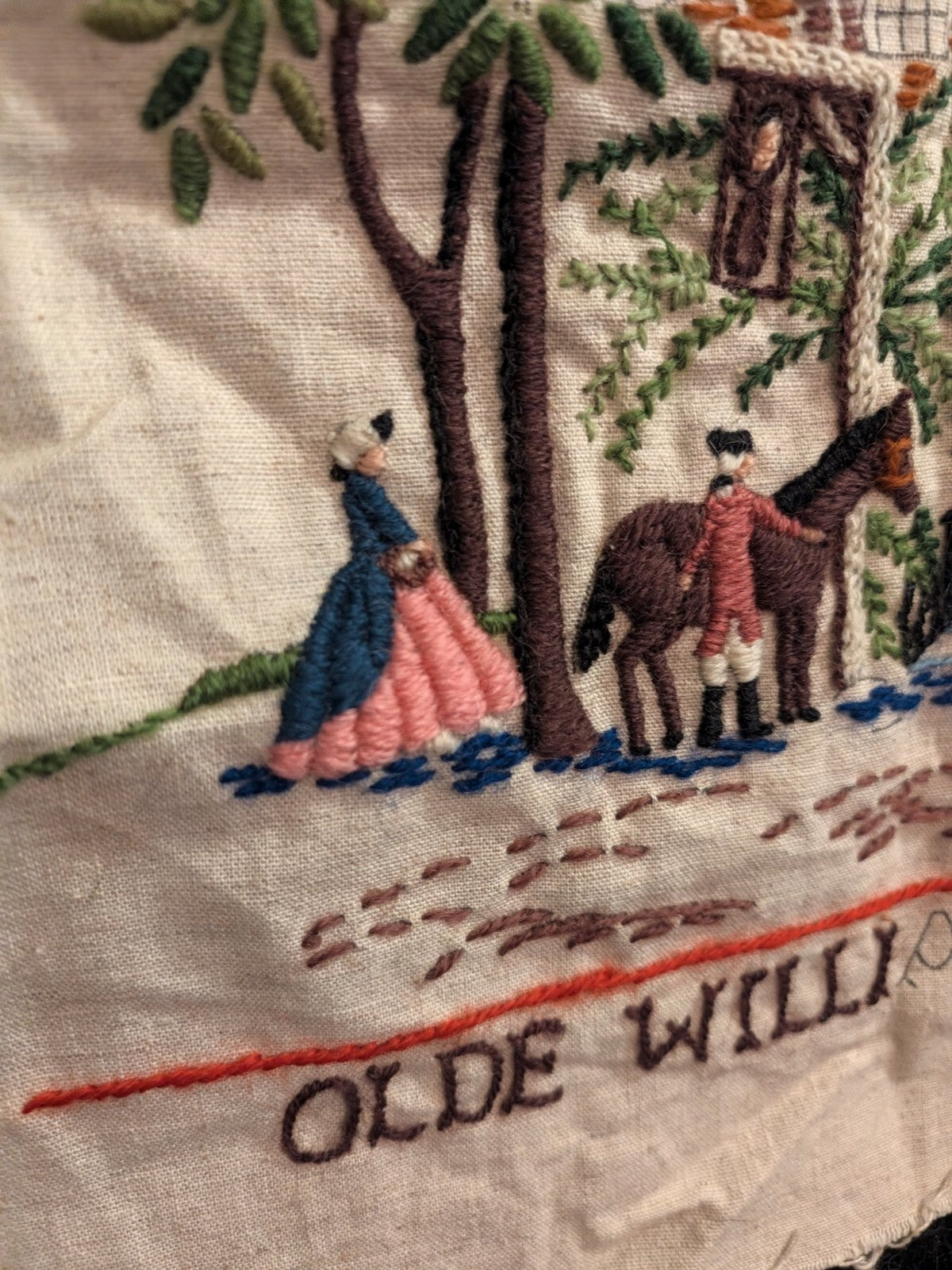 Vintage Crewel Embroidery Panel Raleigh Tavern Olde Williamsburg Unfinished