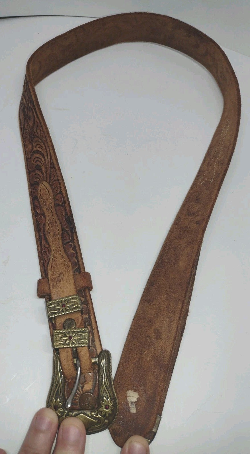 Vintage 80s Justin Western Ranger Belt Tooled Leather Brass Floral Red Stones 30
