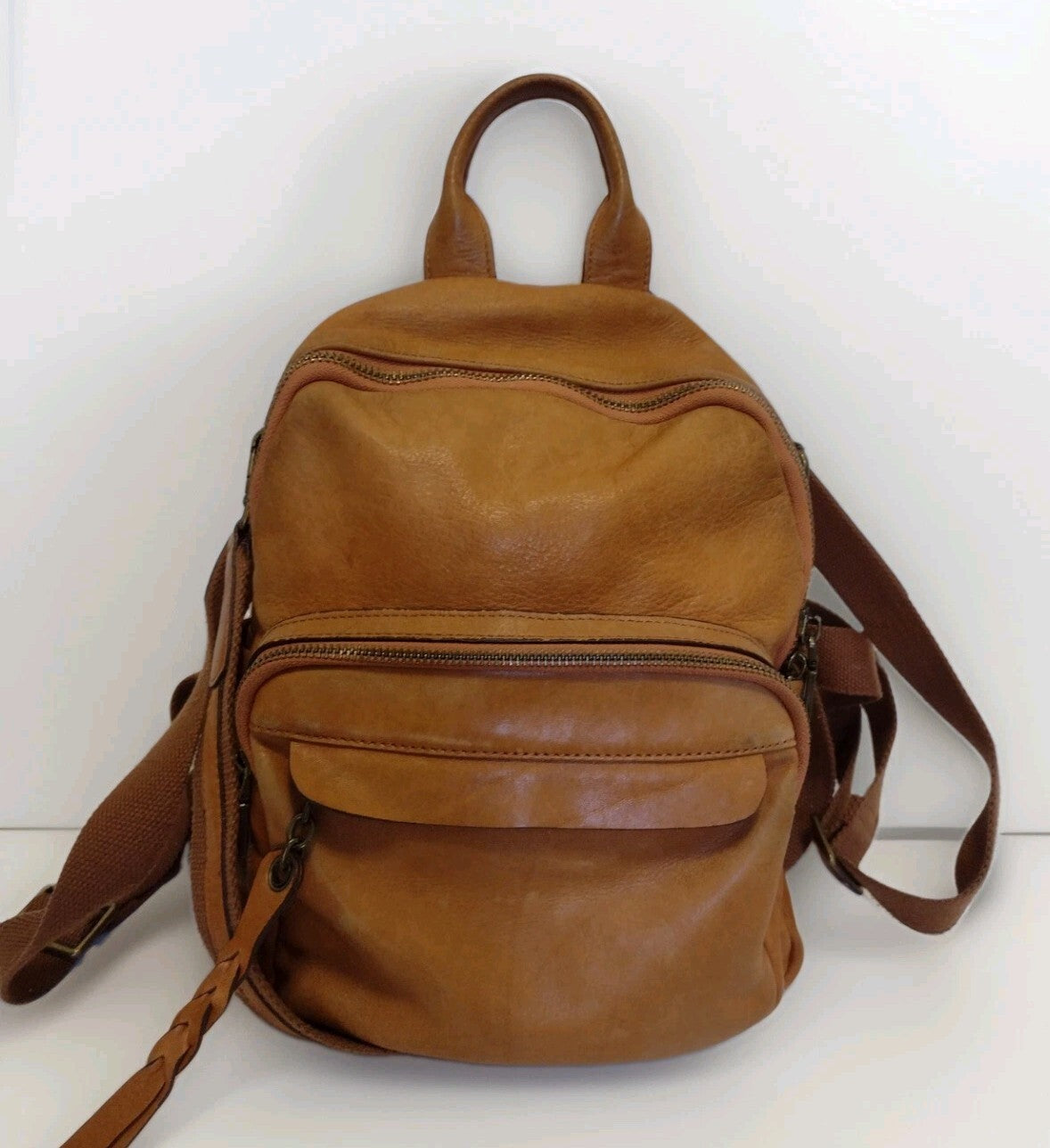 Boho Cognac Leather Backpack Distressed Rucksack Utility Pocket Y2K Style Bag