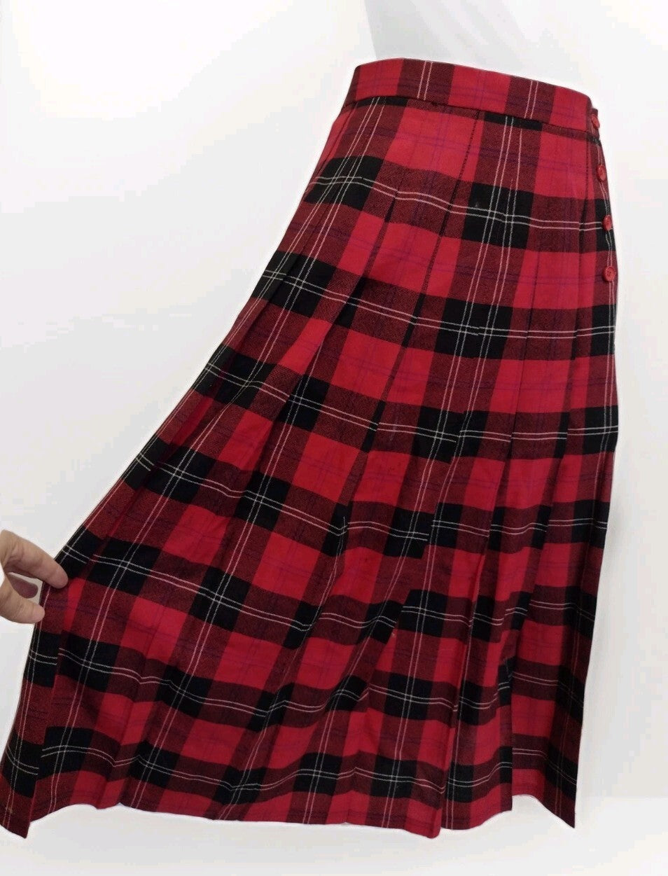 Vintage 70s Deans of Scotland Wool Tartan Midi Skirt Size 6 Red Plaid Preppy