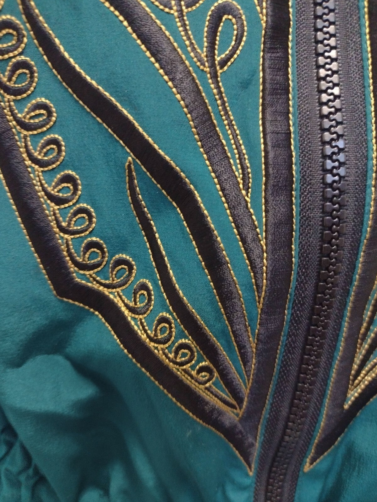 Bob Mackie Wearable Art Silk Jacket Embroidered Teal Western Boho Zip Medium