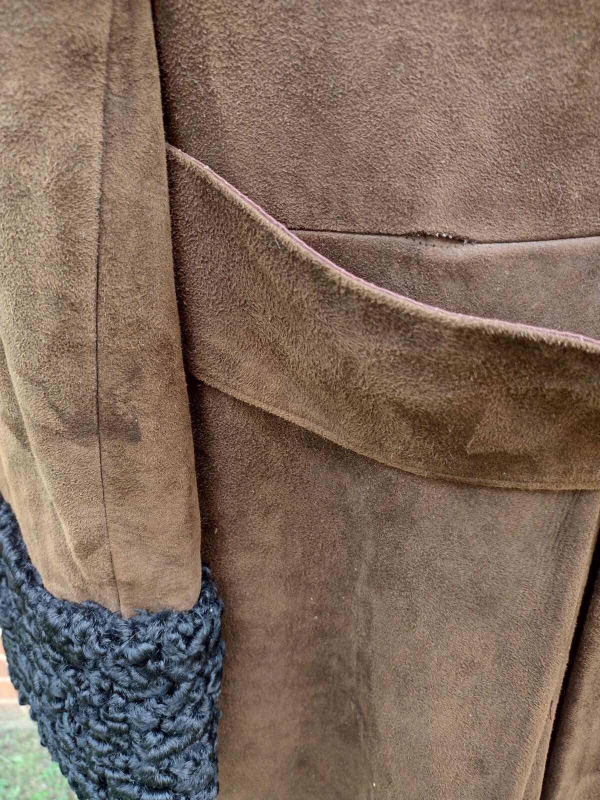 VTG 60s Anne Klein Mallory Penny Lane Suede Coat Curly Lamb Trim Boho Sz 10