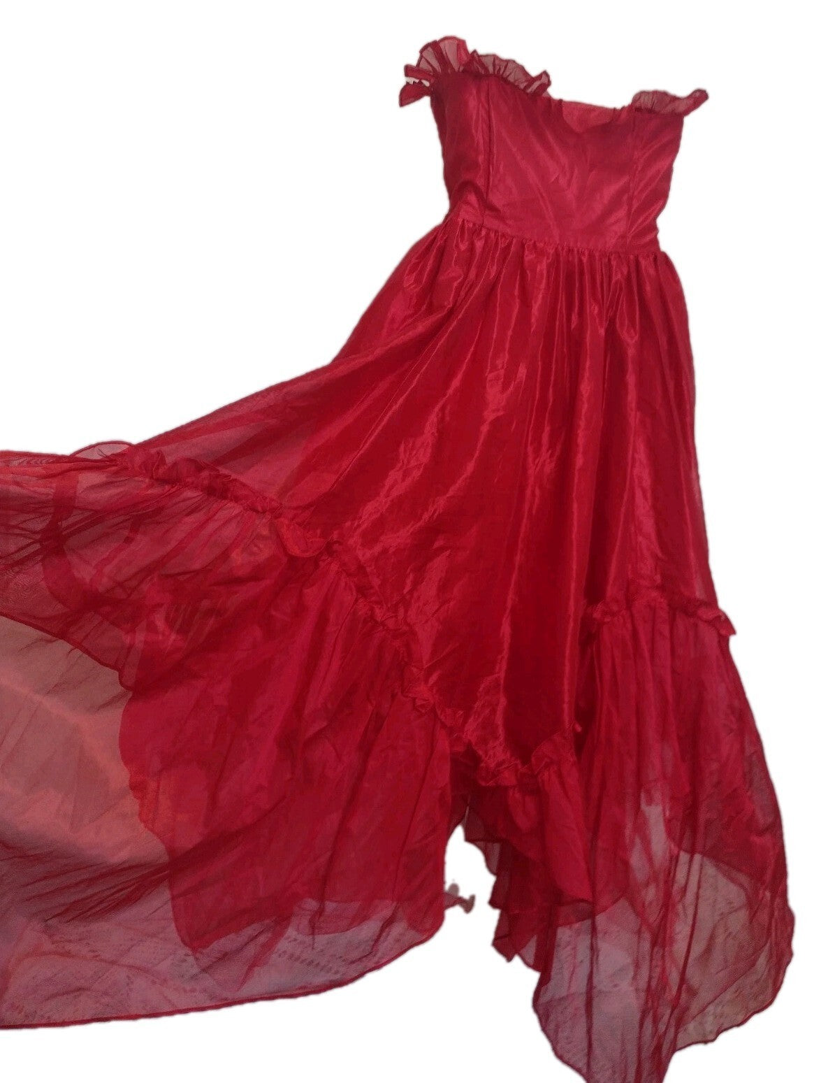 Vintage 80s Red Prom Dress Steppin’ Out Organza Bows High Low Ruffle Gown Sz 9
