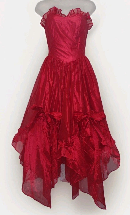 Vintage 80s Red Prom Dress Steppin’ Out Organza Bows High Low Ruffle Gown Sz 9