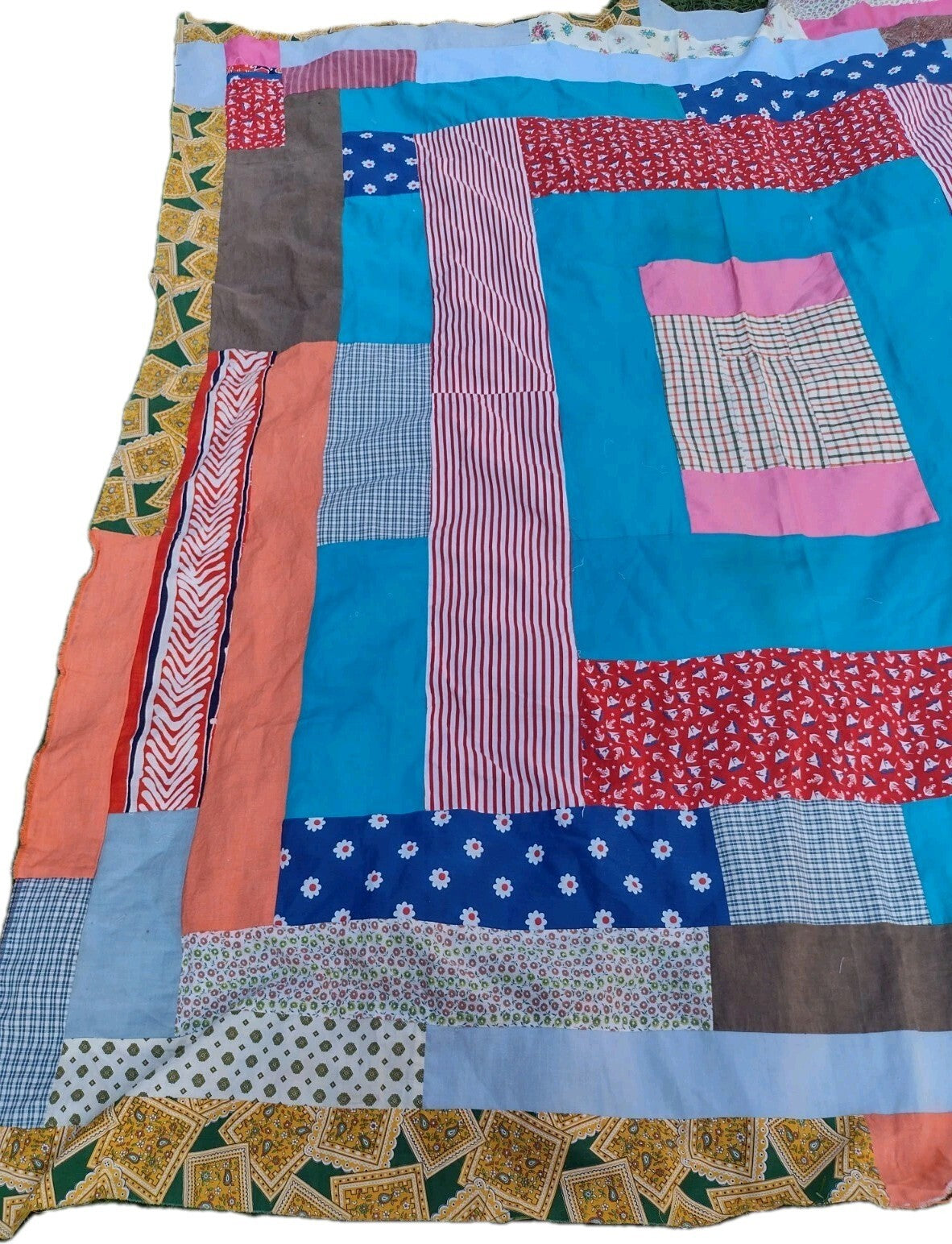 Vintage 80s Handmade Scrap Quilt Top 86x82 Make Do Patchwork Folk Art Textile