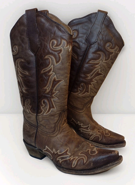 Circle G Cowboy Boots Womens 7 Brown Leather Western Snip Toe Embroidered Mexico