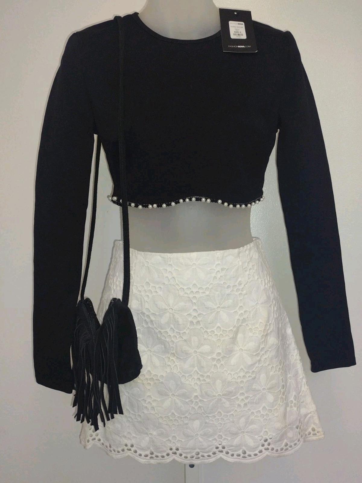 NWT Fashion Nova Audrey Crop Top Only in Black Pearl Trim Sz S