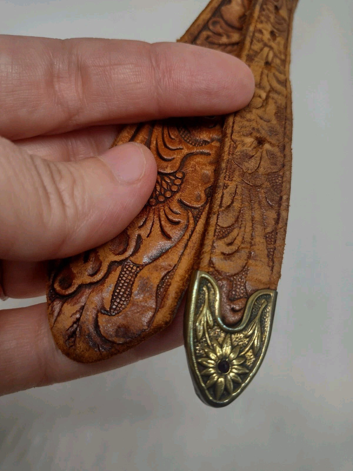 Vintage 80s Justin Western Ranger Belt Tooled Leather Brass Floral Red Stones 30