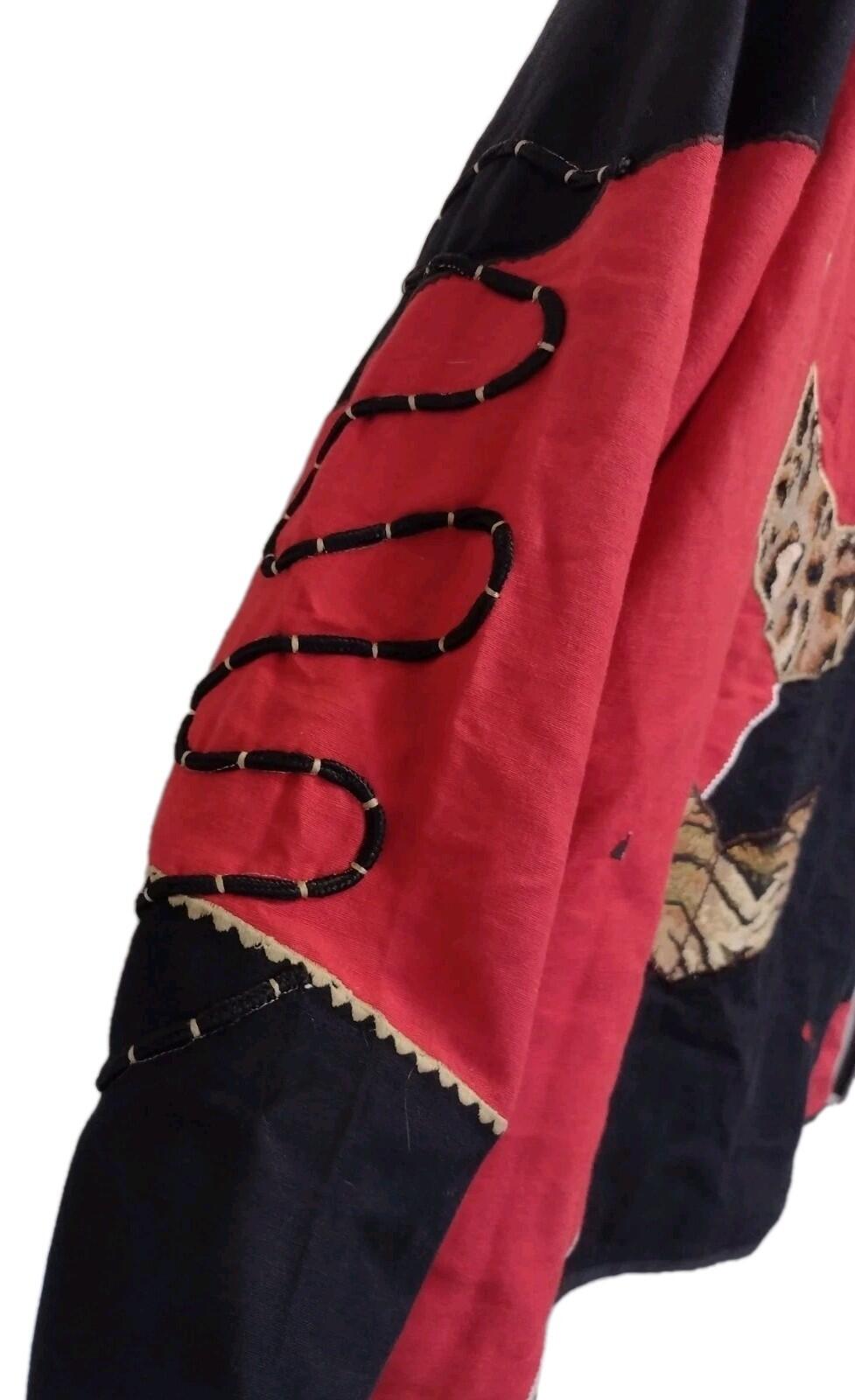 Indigo Moon Patchwork Art to Wear Jacket M Red Black Animal Print Spiral Buttons