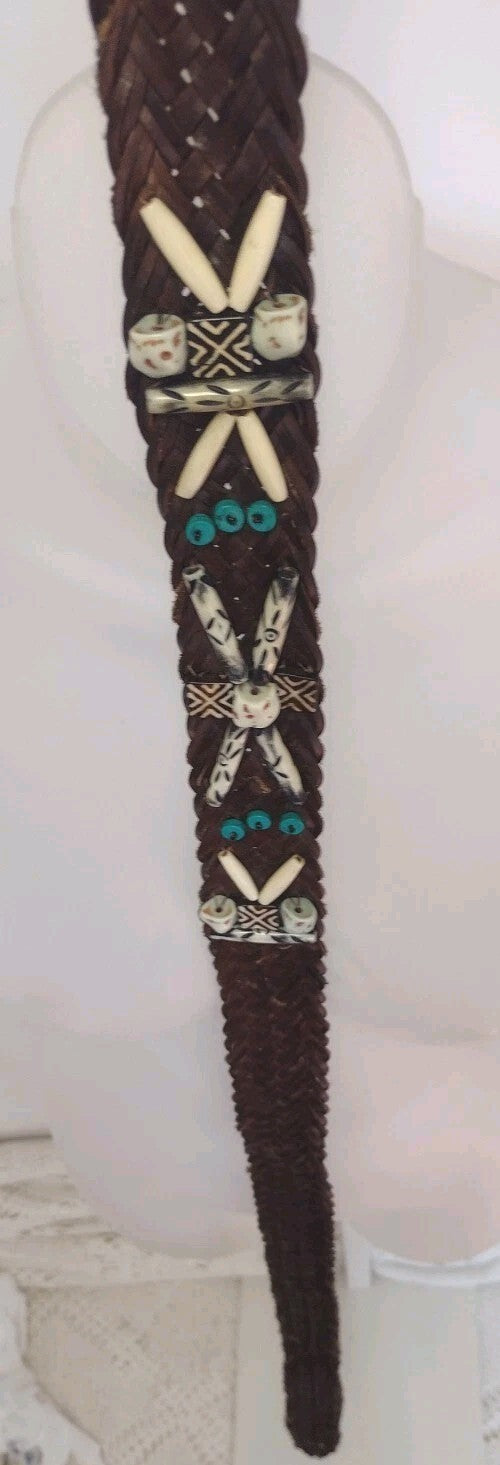 Vintage Artisan Braided Leather Belt Beaded Boho Statement Brown 43 Inch