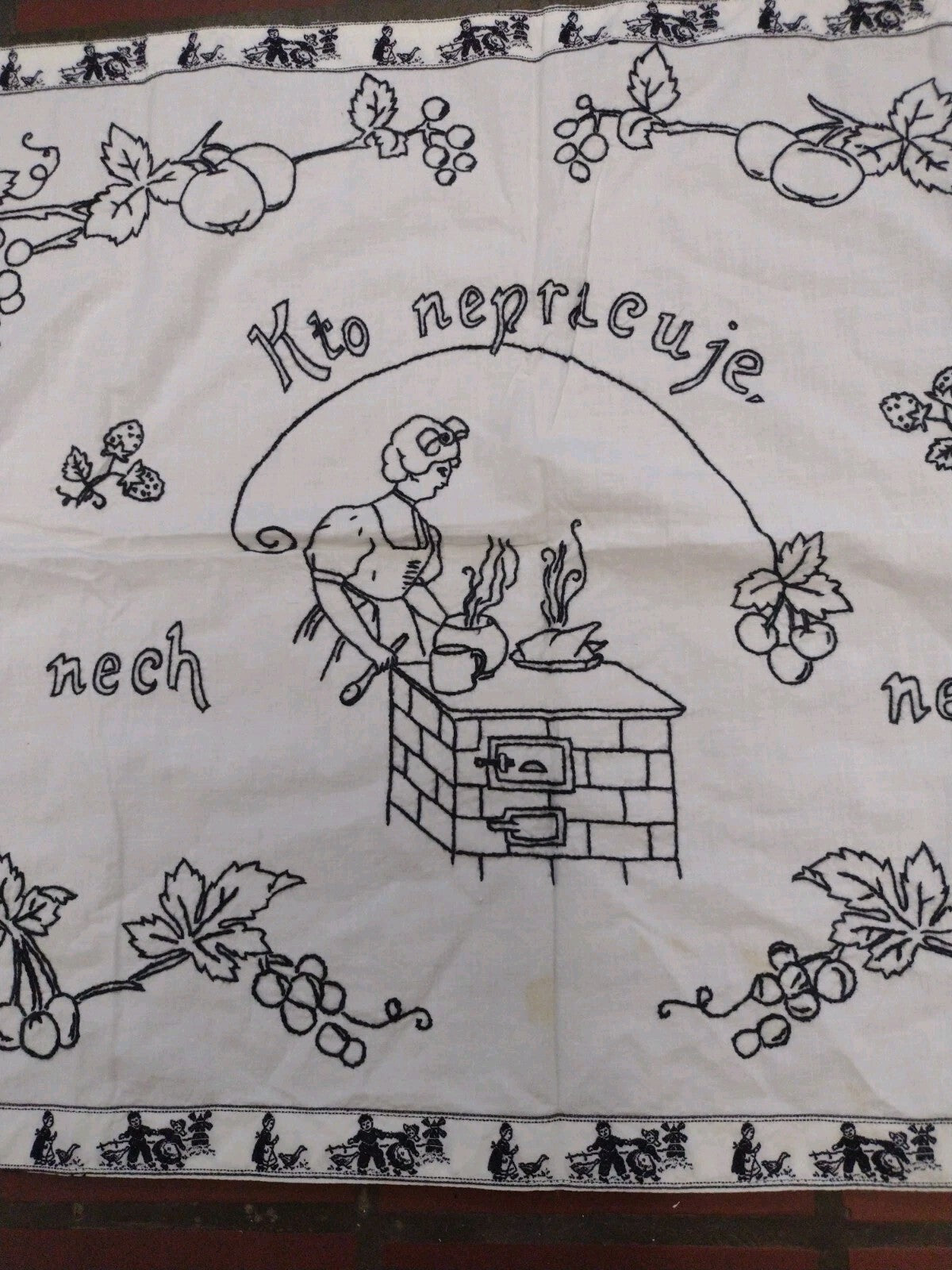 Vintage Slovak Embroidered Kitchen Wall Cloth Folk Art Proverb Textile