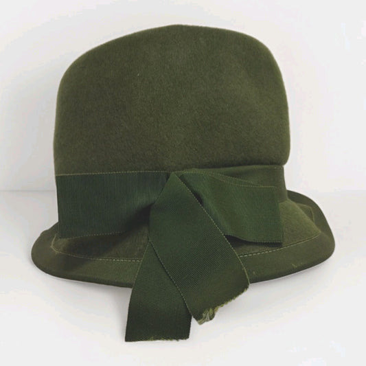 Vintage 1960s Womens Glenover Felt Hat Olive Green Mod Cloche Henry Pollak