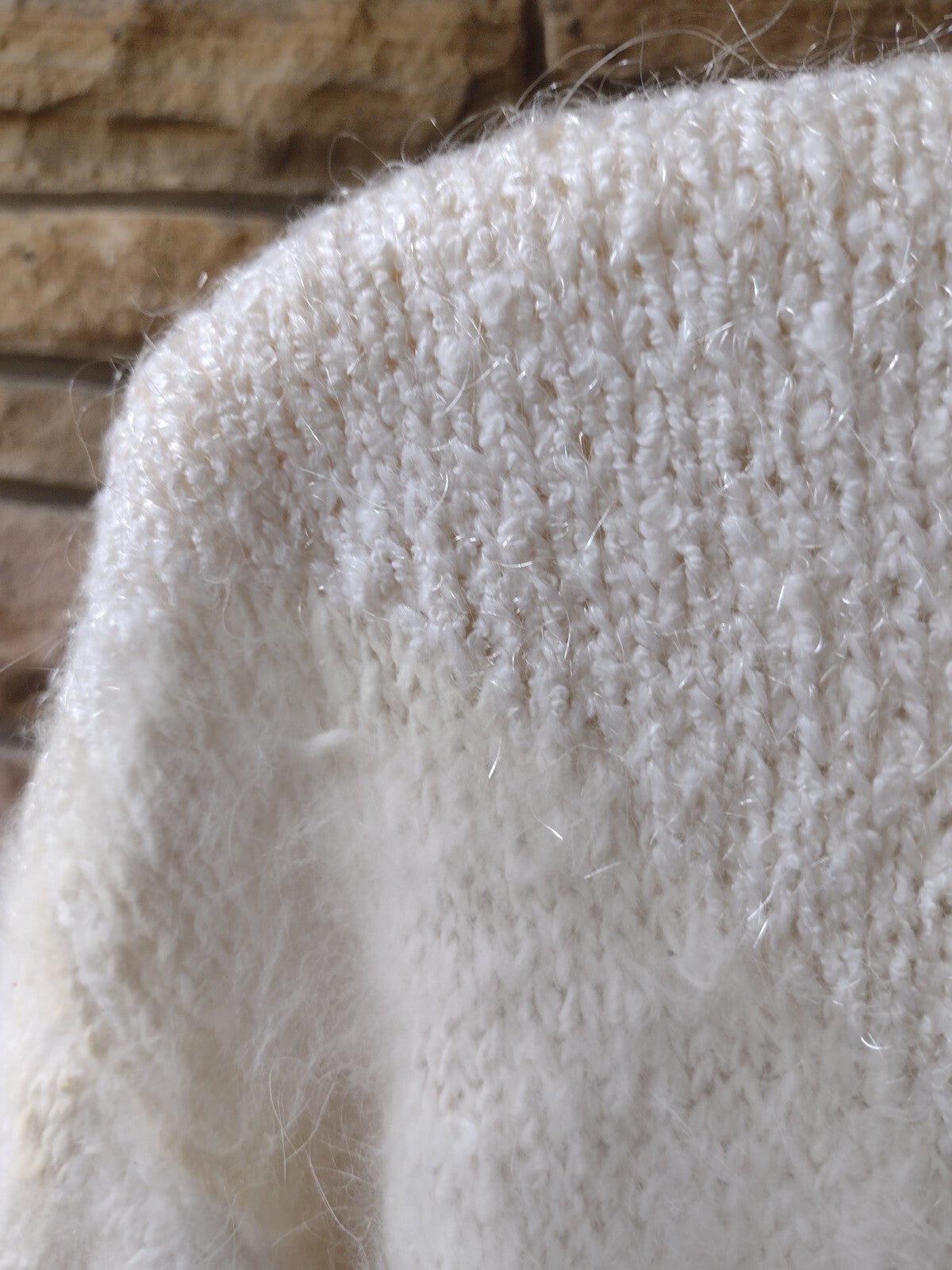 Vintage 80s Fuzzy Angora Sweater Cream Textured Knit Balloon Sleeve Shoulder Pad