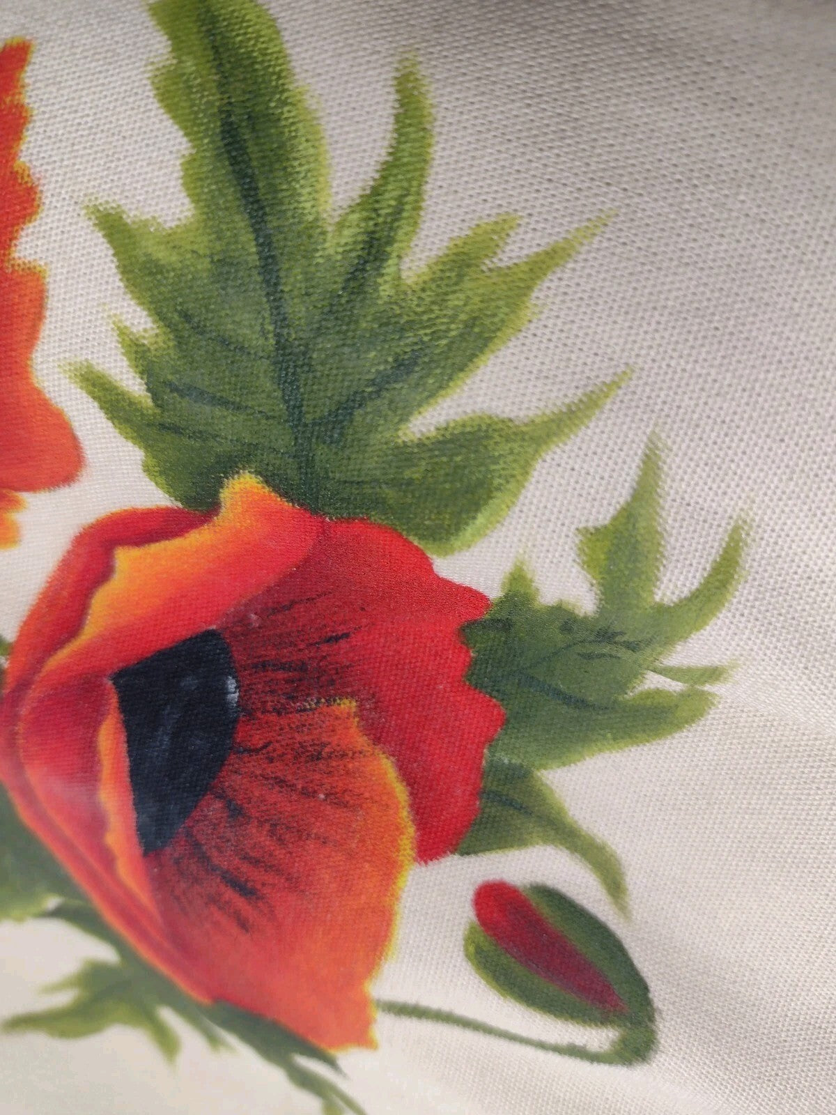 Vintage 70s Hand Painted Poppy Canvas Handbag Wood Handle Signed Folk Art Purse