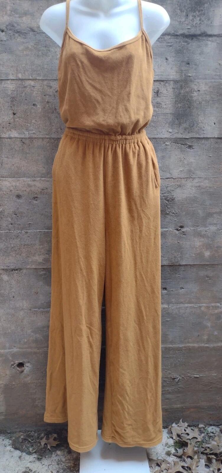 Vintage Style Terry Wide Leg Jumpsuit Spaghetti Strap Caramel Sz S Athleisure