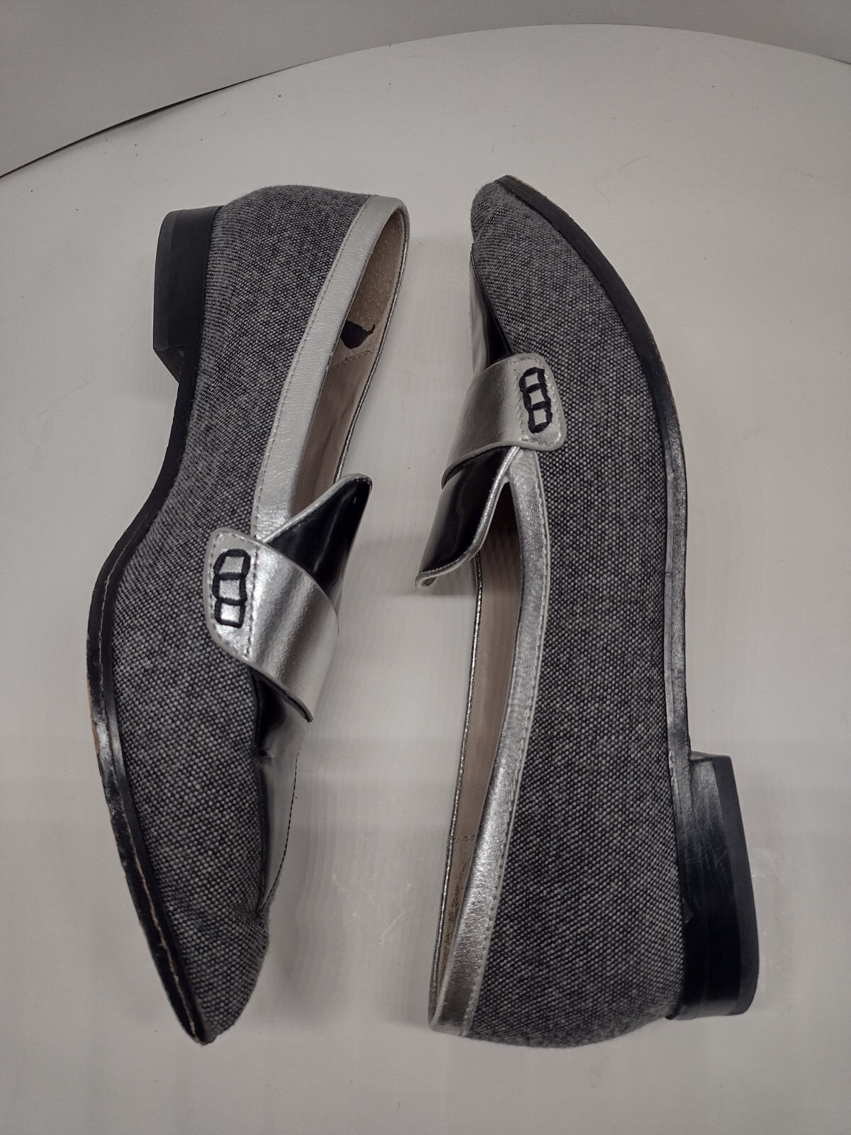 Boden Octavia Pointed Toe Loafers 39 Tweed Patent Leather Metallic SilverBoden