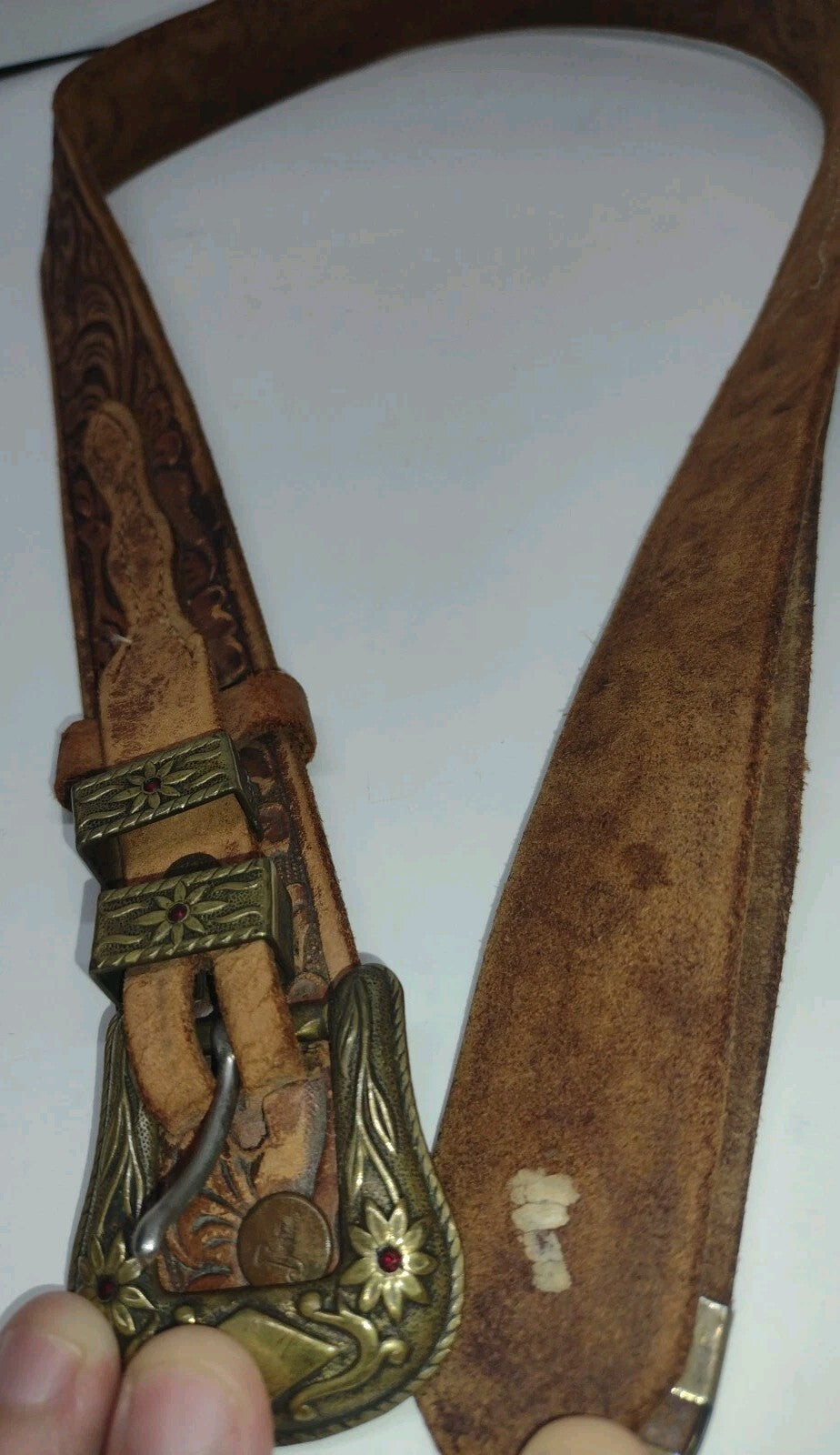 Vintage 80s Justin Western Ranger Belt Tooled Leather Brass Floral Red Stones 30