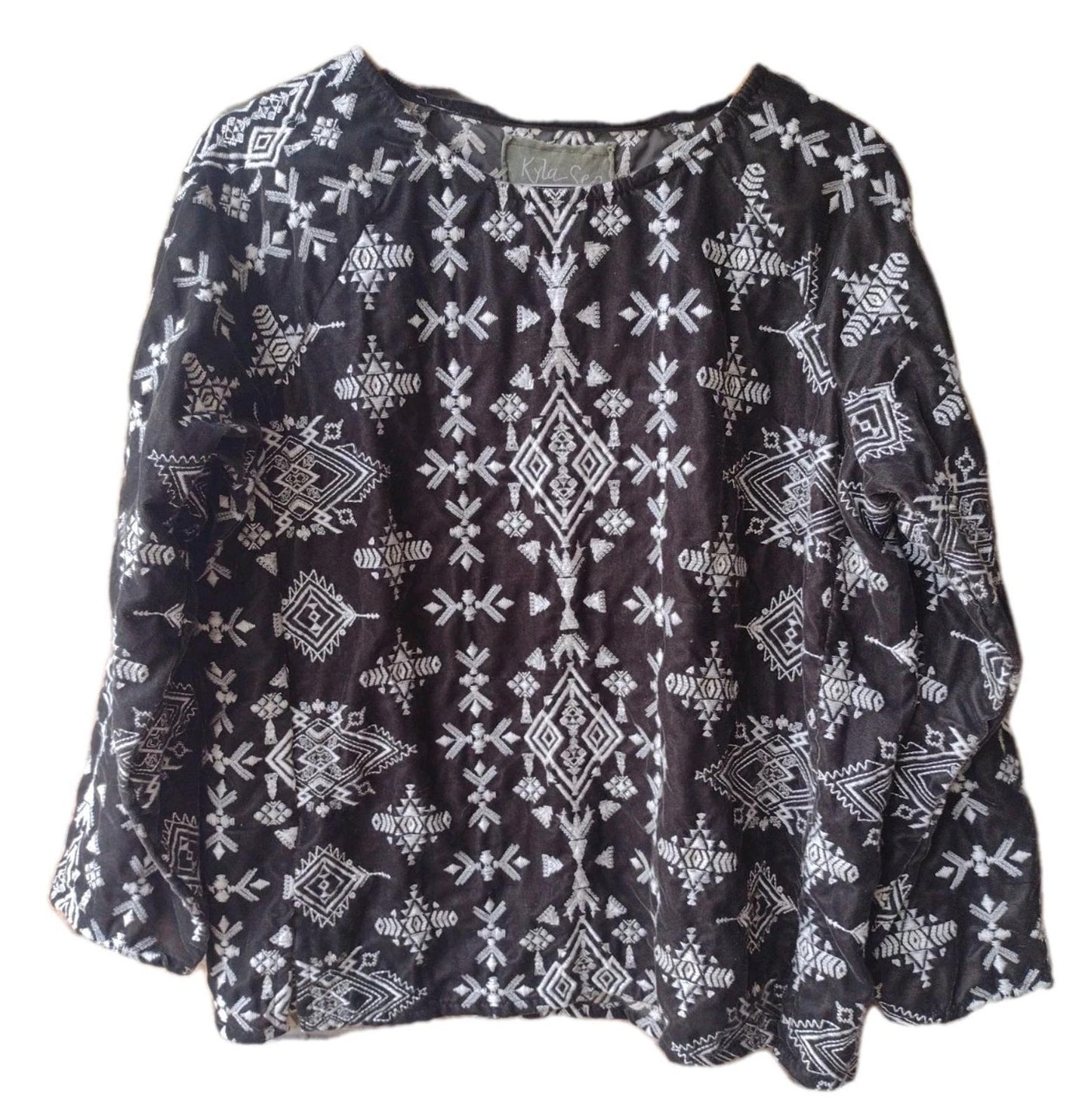 Rare Kyla Seo Olive Velvet Embroidered Top Long Sleeve Boho Artisan India Small