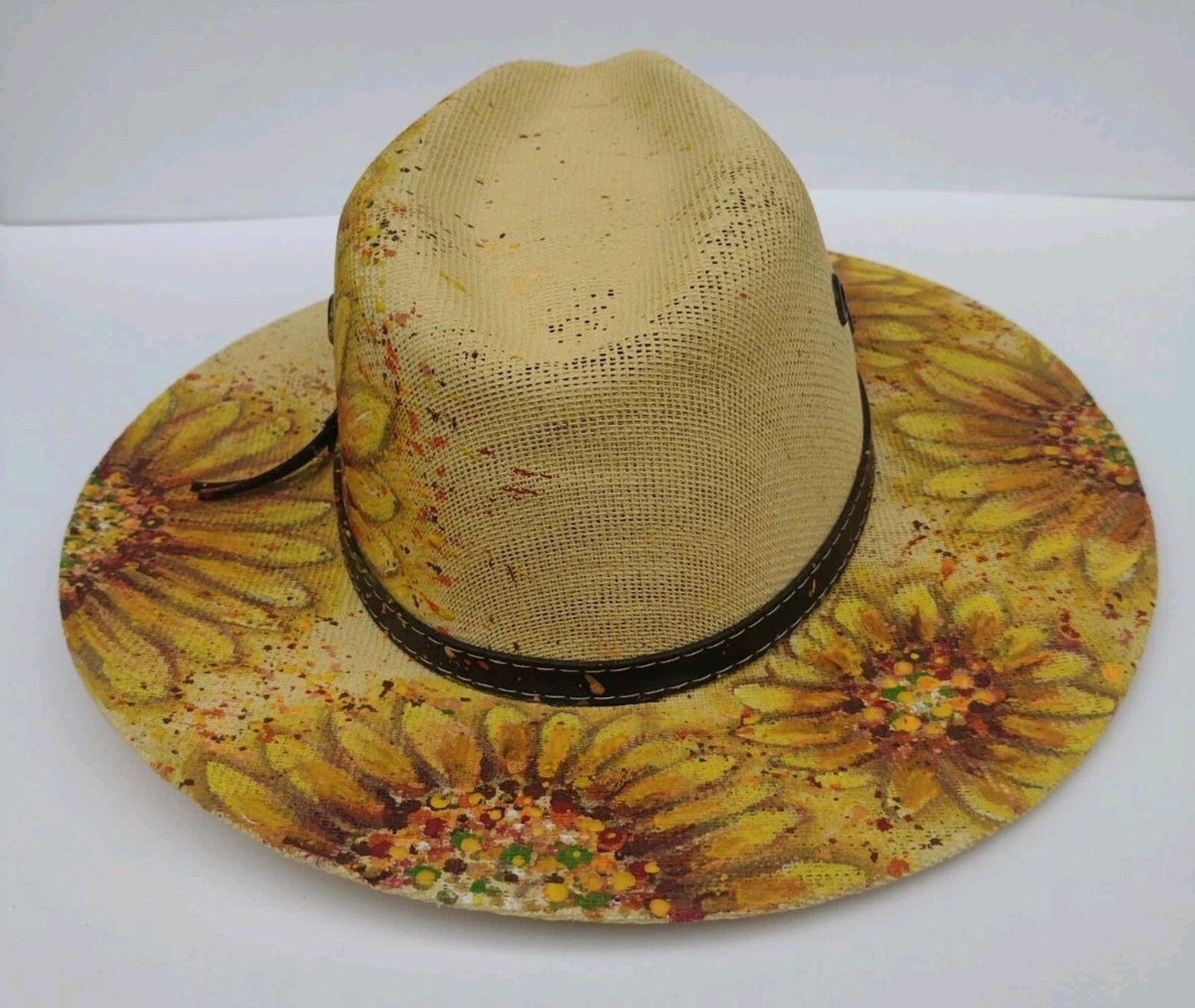 VTG Hand Painted Sunflower Mexican Straw Hat Leather Band Boho Western Ranch M