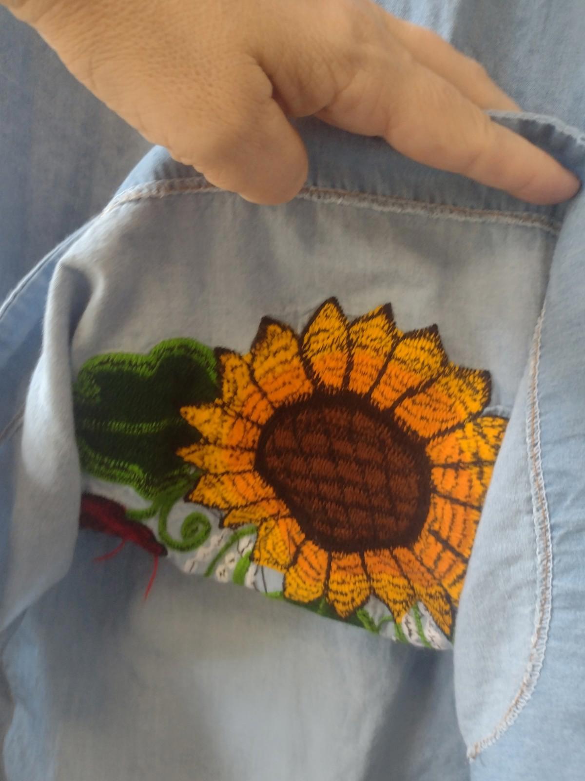 Vintage Denim Dress S/M Embroidered Sunflowers Roses Militaires Equipments