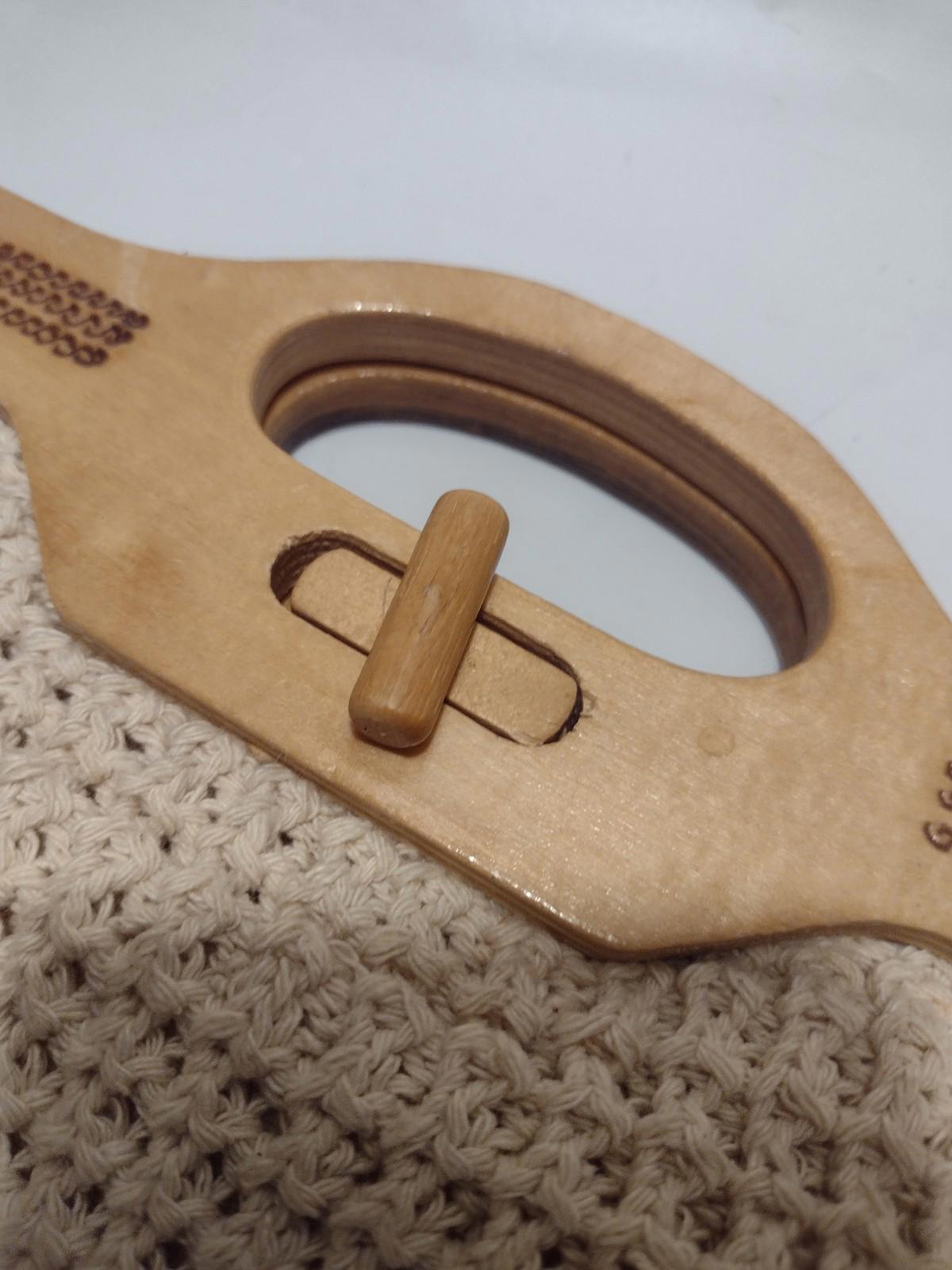 Vintage 60s Crochet Handbag Wood Handle Turn Lock Made in Hong Kong Boho