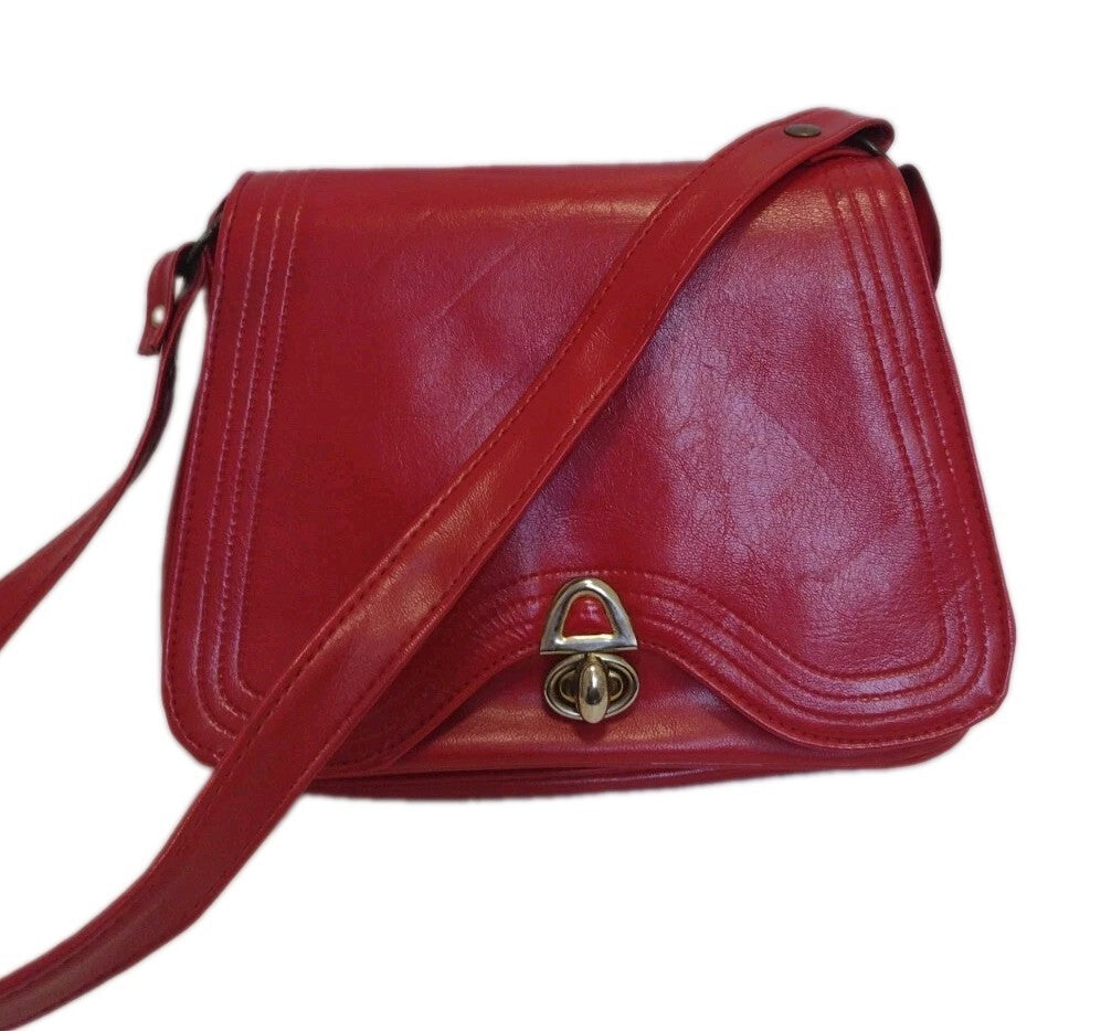 70s Retro Mod Red Shoulder Bag Vintage Faux Leather Turn Lock Crossbody Purse