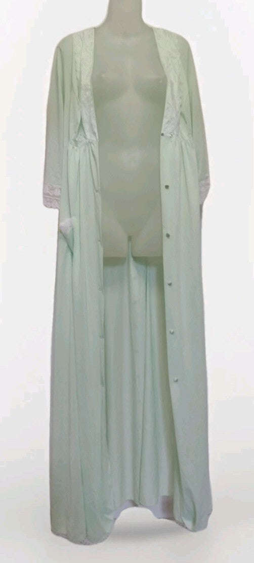 Vintage Shadowline Maxi Robe Large Pistachio Green Nylon Lace Made USA 57"